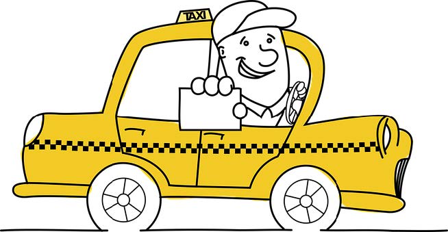 Piirretty keltainen taksiauto