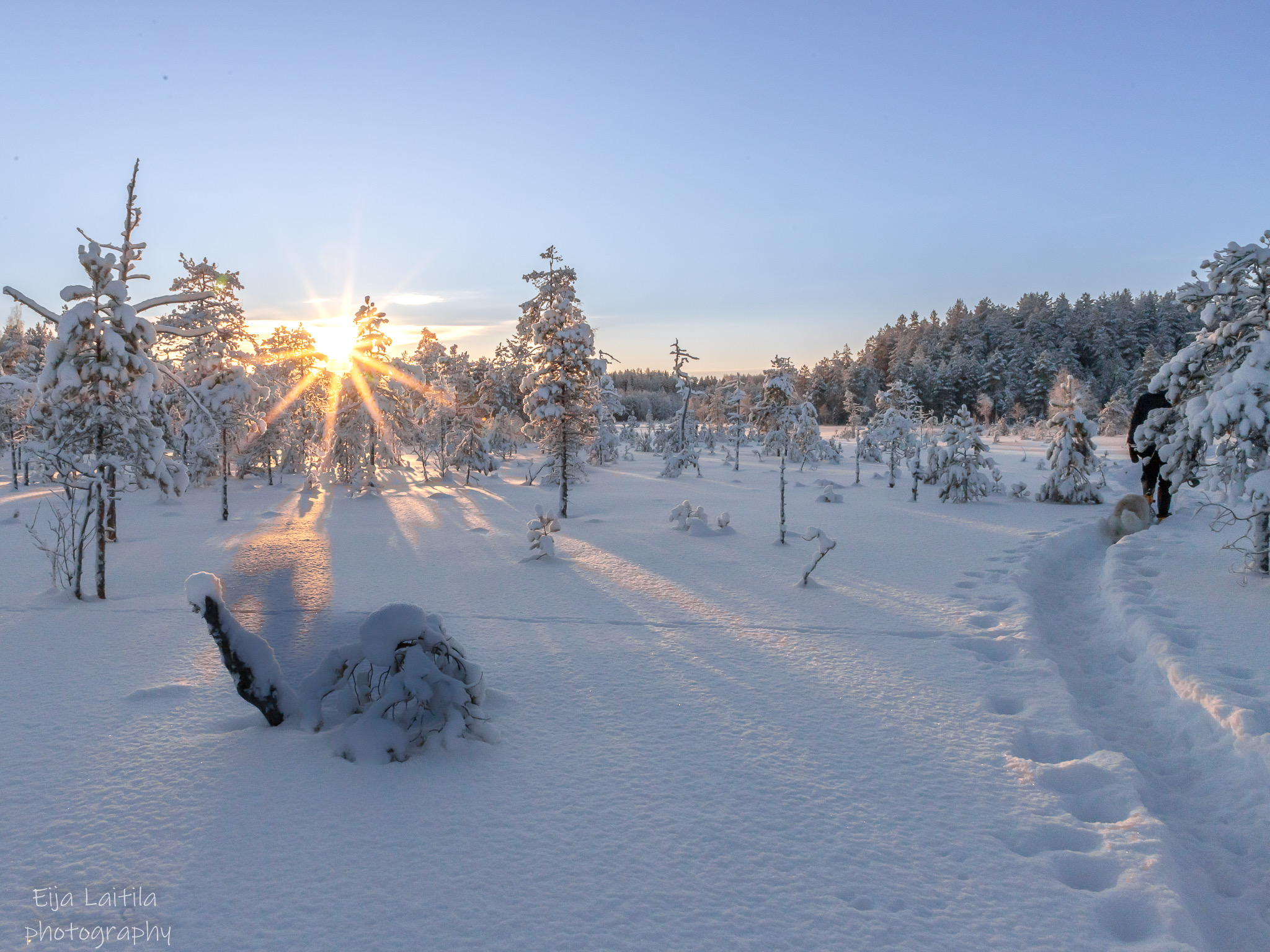 Luminen suomaisema, jossa auringonsäteet pilkistävä.
