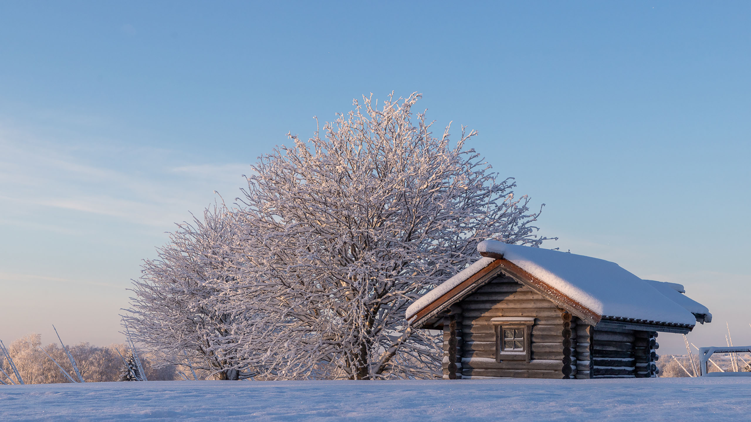 Hirsinen aittarakennus talvimaisemassa.