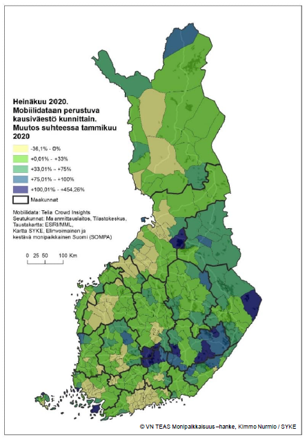 Mobiilidataan perustuva kausiväestö kunnittain, muutos tammikuu-heinäkuu 2020. Itä-Suomen yliopisto / UEF/ University of Eastern Finland.