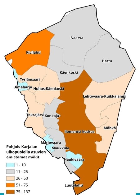 Pohjois-Karjalan ulkopuolisten asukkaiden omistamien mökkien sijainti Ilomantsissa. Itä-Suomen yliopisto / UEF/ University of Eastern Finland.