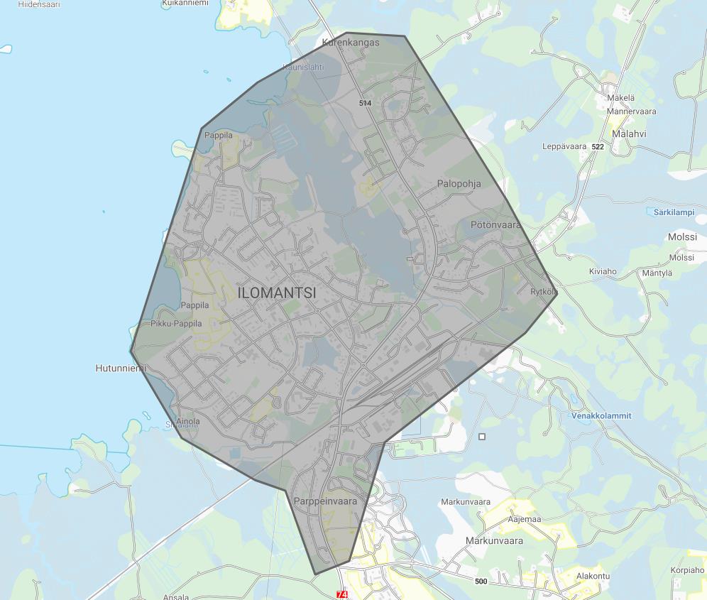 Kartta alueesta, jolla on vedenkeittokehoitus.